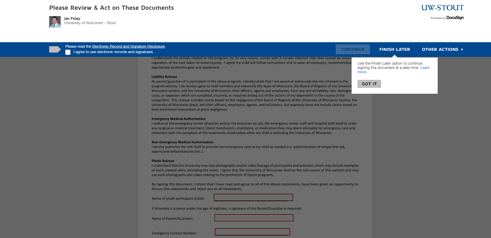 Docusign example of adobe form to sign for parent/guardian permission.