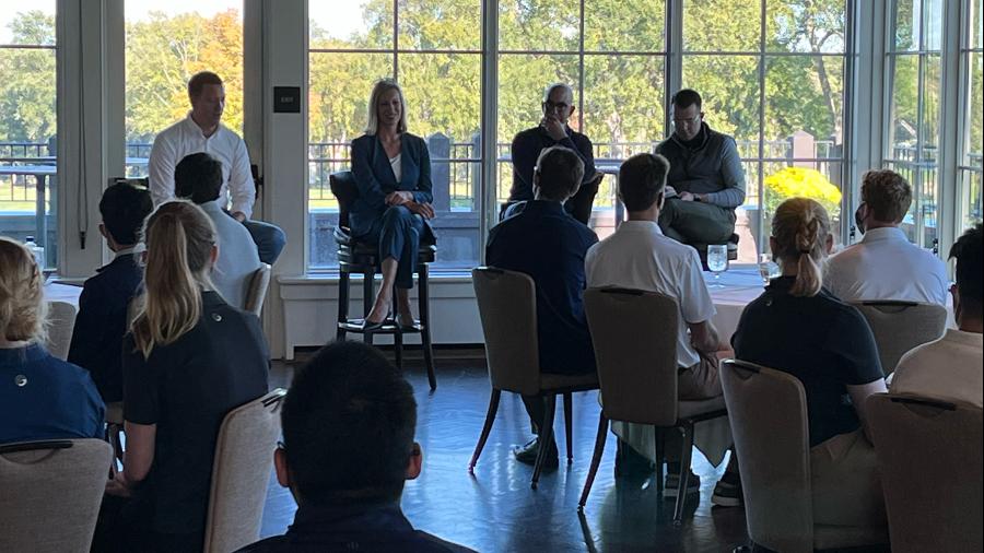 UW-Stout hospitality students interact with executives from the Club Management Association of America during a Club Management course event in Minnesota.