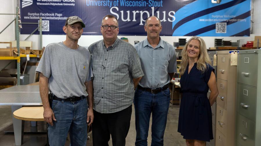 The Surplus Property team at UW-Stout includes, from left, Luke Rose, Justin Kempen, Steve Soden and Carley Scrivener.