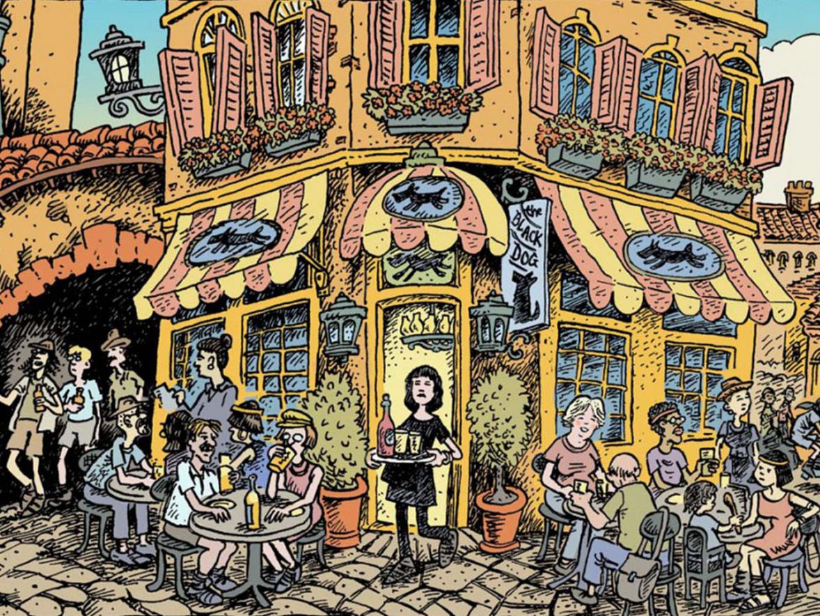 "The Black Dog" cafe, an illustration from Ken Avidor's graphic novel "Bicyclopolis."