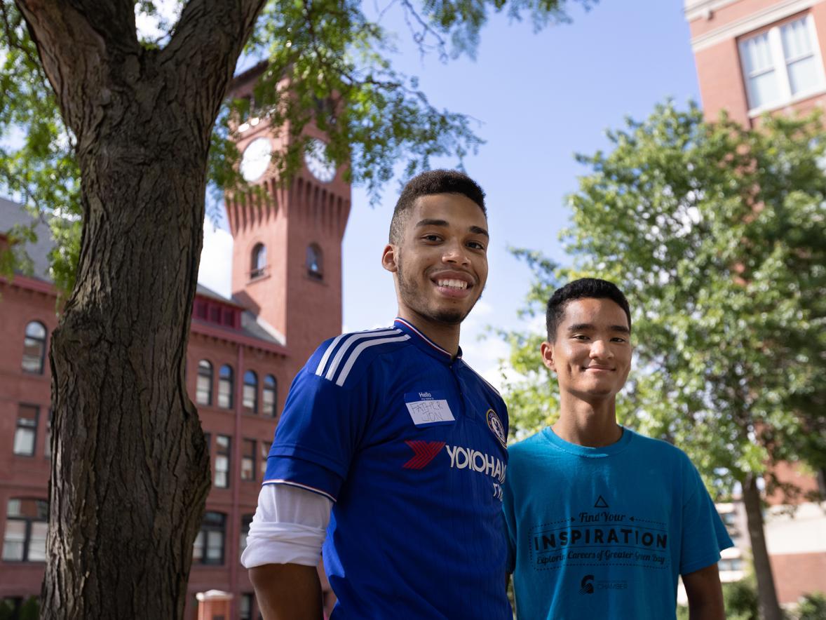 UW-Stout student and Stoutward Bound mentor Jon Rosario, at left, with first-year student Myles Chung. Chung said Stoutward Bound is helping him to build a support network.