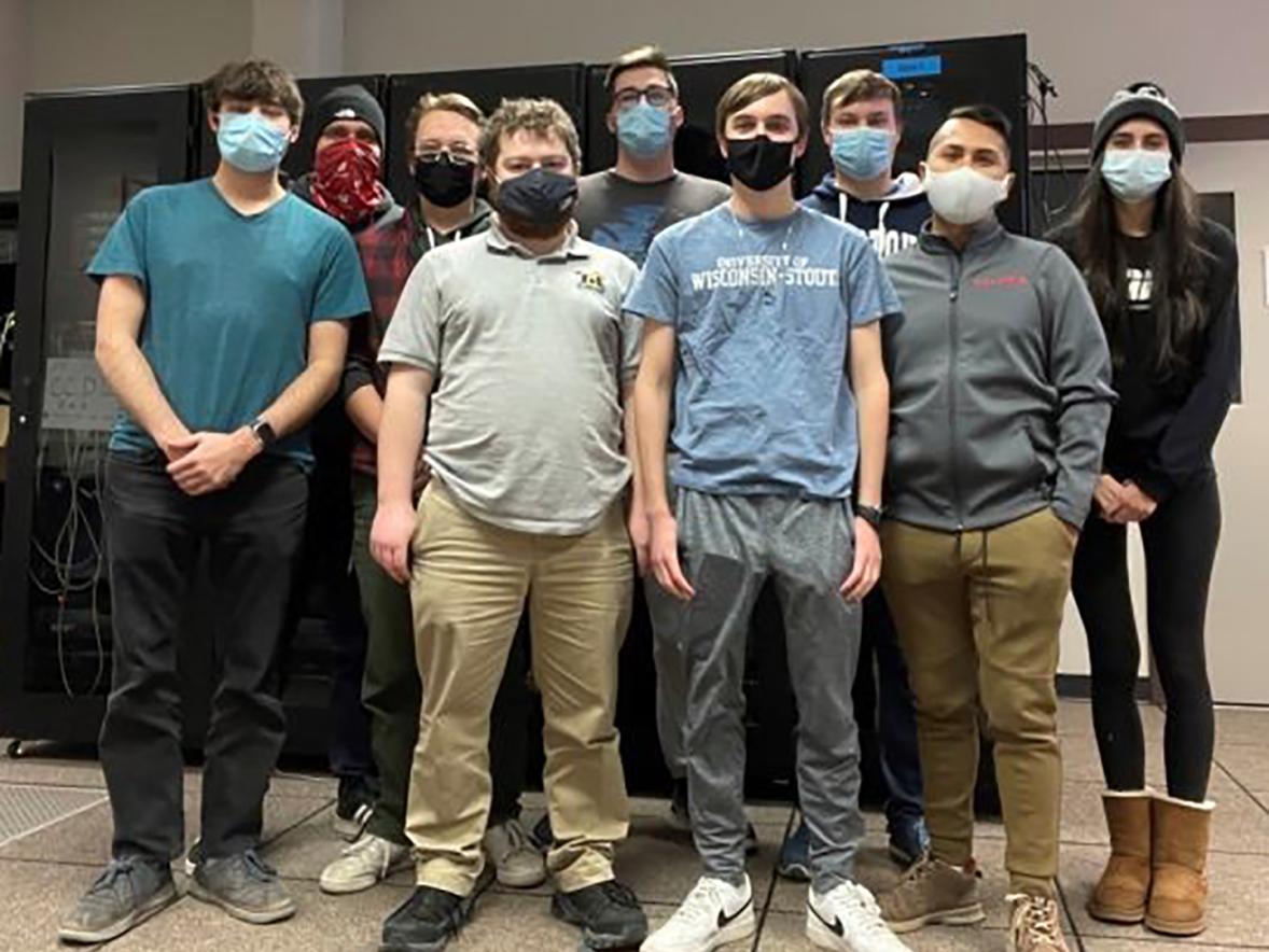 Members of UW-Stout’s team that won the statewide Collegiate Cyber Defense Competition are, from left, Connor Farnworth, Tanner Kowitz, Lee Kottke, Matthew Pomes, Michael Du Mez, Luke Langefels, Vincent Klanderman, Walter Fernandez and Christina Kimball.