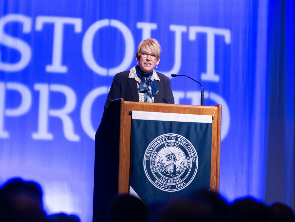 Katherine Frank, the eighth leader in UW-Stout’s history, speaks at the celebration.